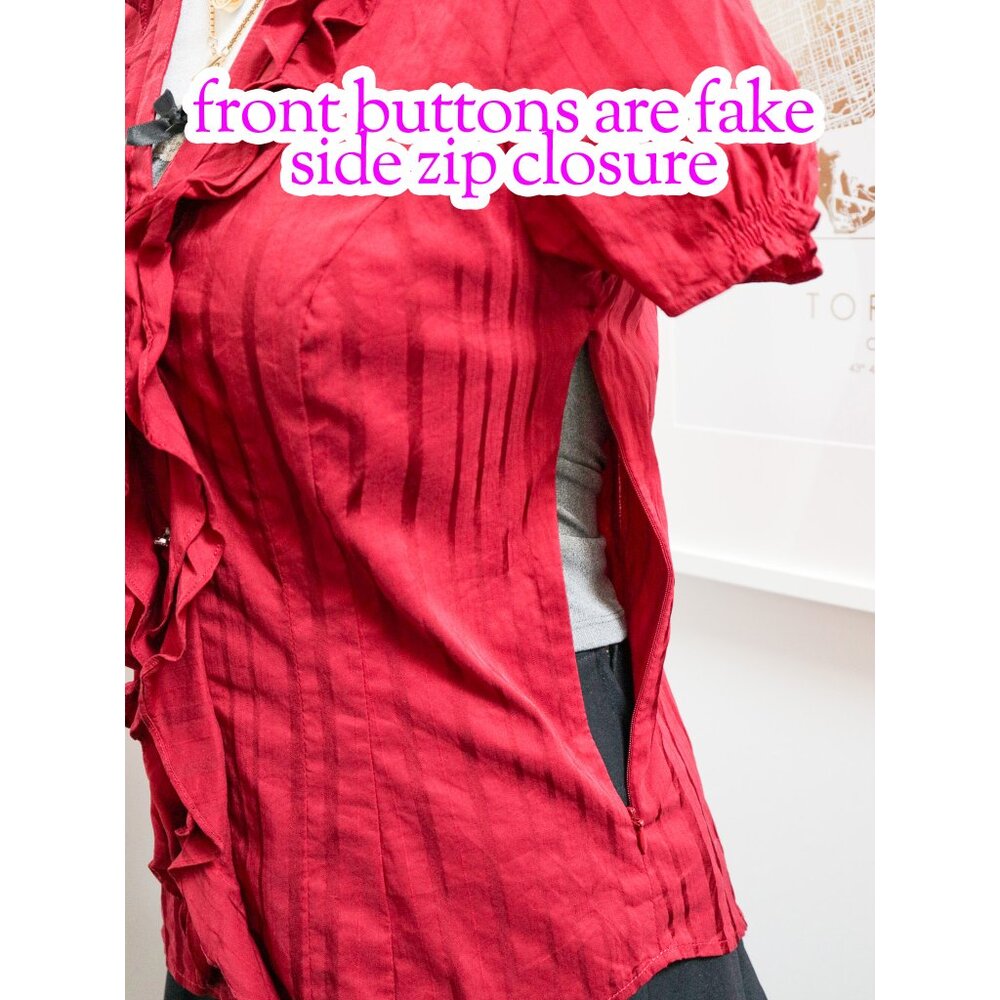 Express Red Ruffle Front Short Sleeve Blouse - Picture 6 of 8